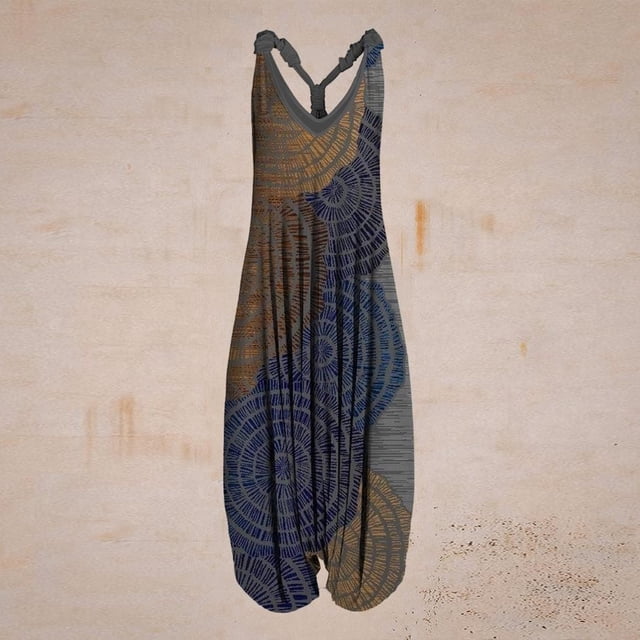 ICHUANYI Clearance Women Casual Vintage Print Backless V-Neck Sleeveless Playsuit Jumpsuit(Dark Blue, S) Ichuanyi Ichuanyi