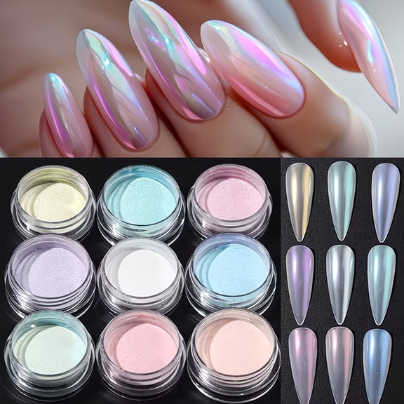 9 Colors Chrome Nail Powder Set Aurora Iridescent Glitter Dust