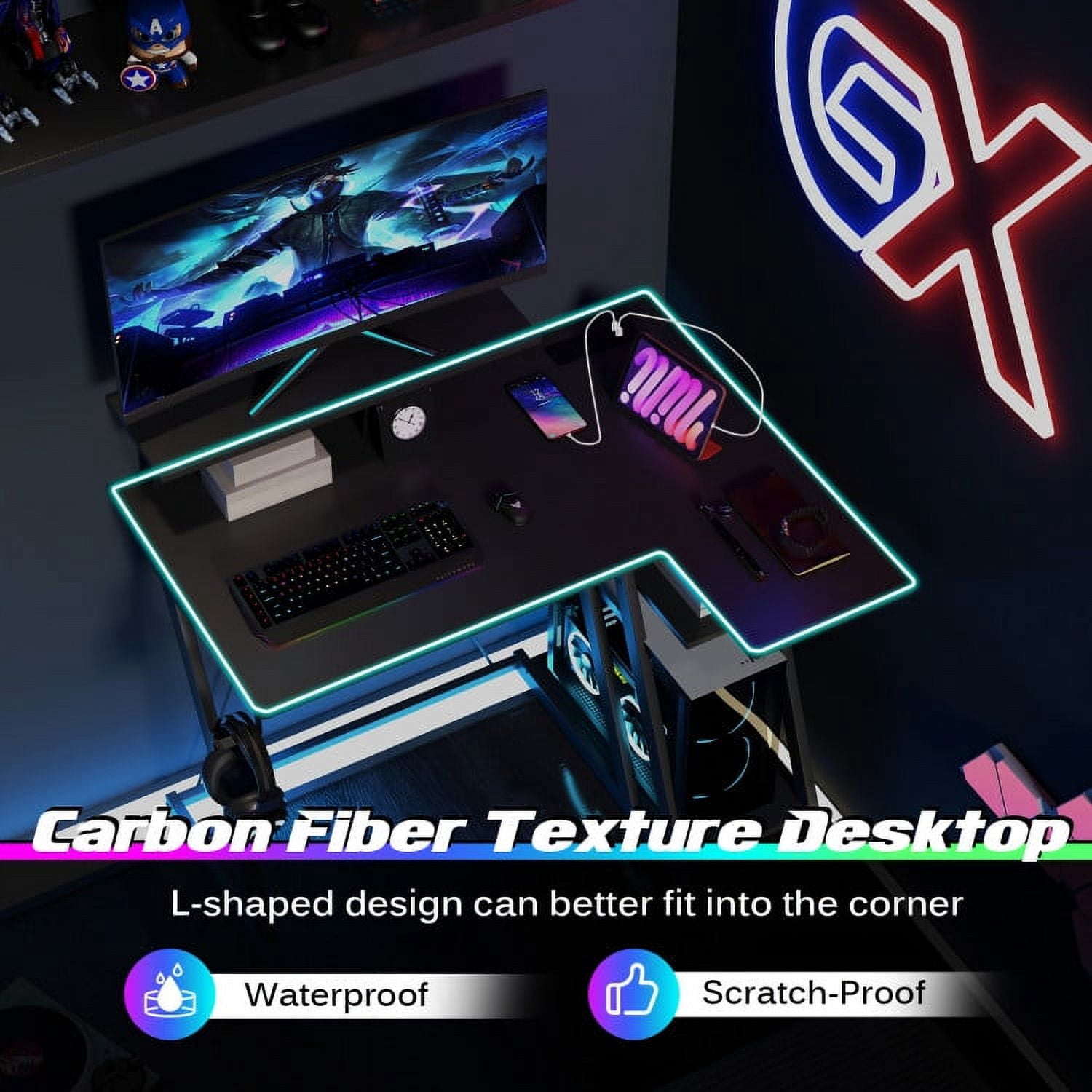 Topcobe L Shaped Gaming Desk with Outlets and USB Ports, Home Office Furniture, Ideal for Working and Studying, Black