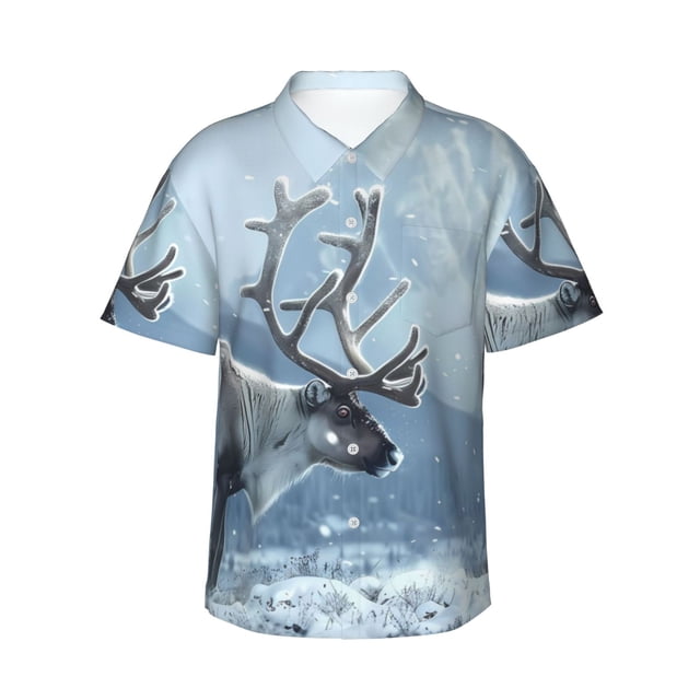 Fotbe Winter Reindeer In Snowy Mountains Camisa Hawaiana para Hombre Unisex – Camisa Casual de Verano con Botones de Manga Corta de Algodón y Lino,Large