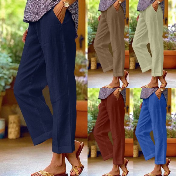 Sentmoon High Waisted Linen Pants Women Solid Color Sweat Pants Women Plus Size Loose Fit Straight Leg Streetwear Women Summer Pants Beach Essentials for Women for Work and Office Khaki M