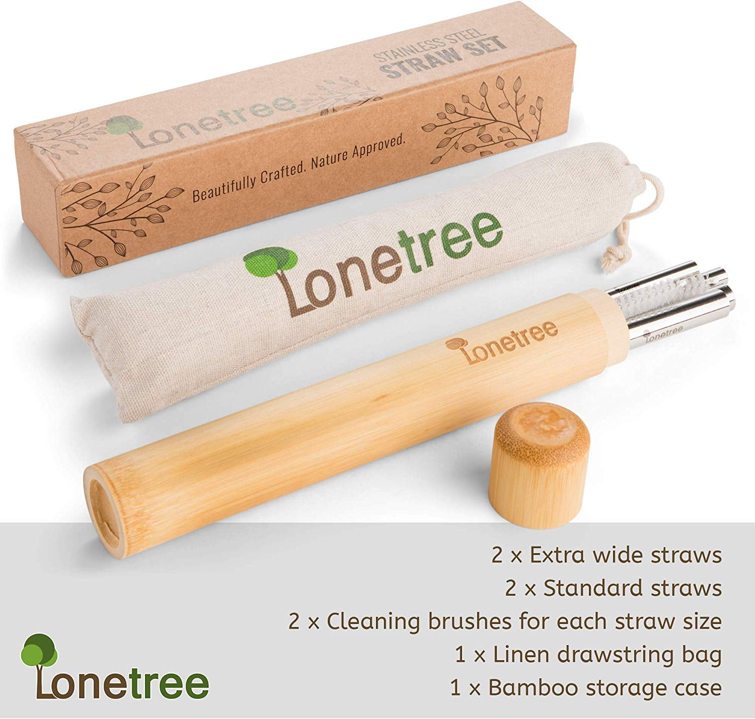 Eco-Friendly Bamboo/Stainless Steel Drinking Straw Set Reusable w/Cleaning Brush 