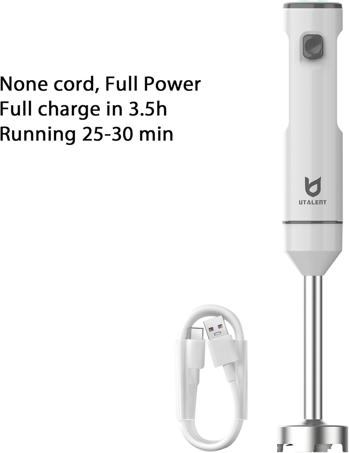 Cordless Hand Blender  Variable Speed Immersion Blender Rechargeable with USB-C   Whisk for Smoothies Milkshakes Hummus Soups White