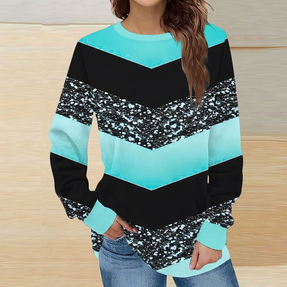 Fznquz Crew Neck Sweatshirts Women Blue Long Sleeve Winter Pullover Tops Loose Fit Casual 2025 Striped Winter Clothes