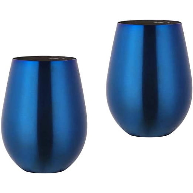 Nvzi 17 oz Stainless Steel Stemless Wine Glass, Outdoor Portable Wine Tumbler for the Pool, Camping, Cookouts, Travel - Set of 2 Metal Drinking Cups(Blue)