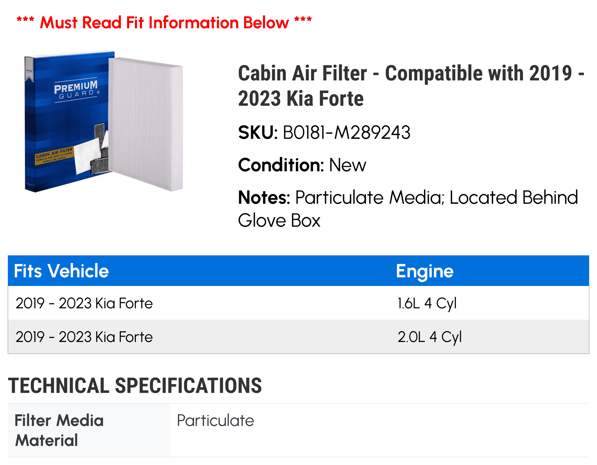 Cabin Air Filter - Compatible with 2019 - 2023 Kia Forte 2020 2021 2022