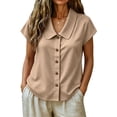 thumbnail image 4 of sdhkgrrt Women Short Sleeve Button Down Shirts Summer Casual Collared Tops Solid Slim Fit Pullover Blouses Cute Office Work Outfits Clothes, Beige L, 4 of 8