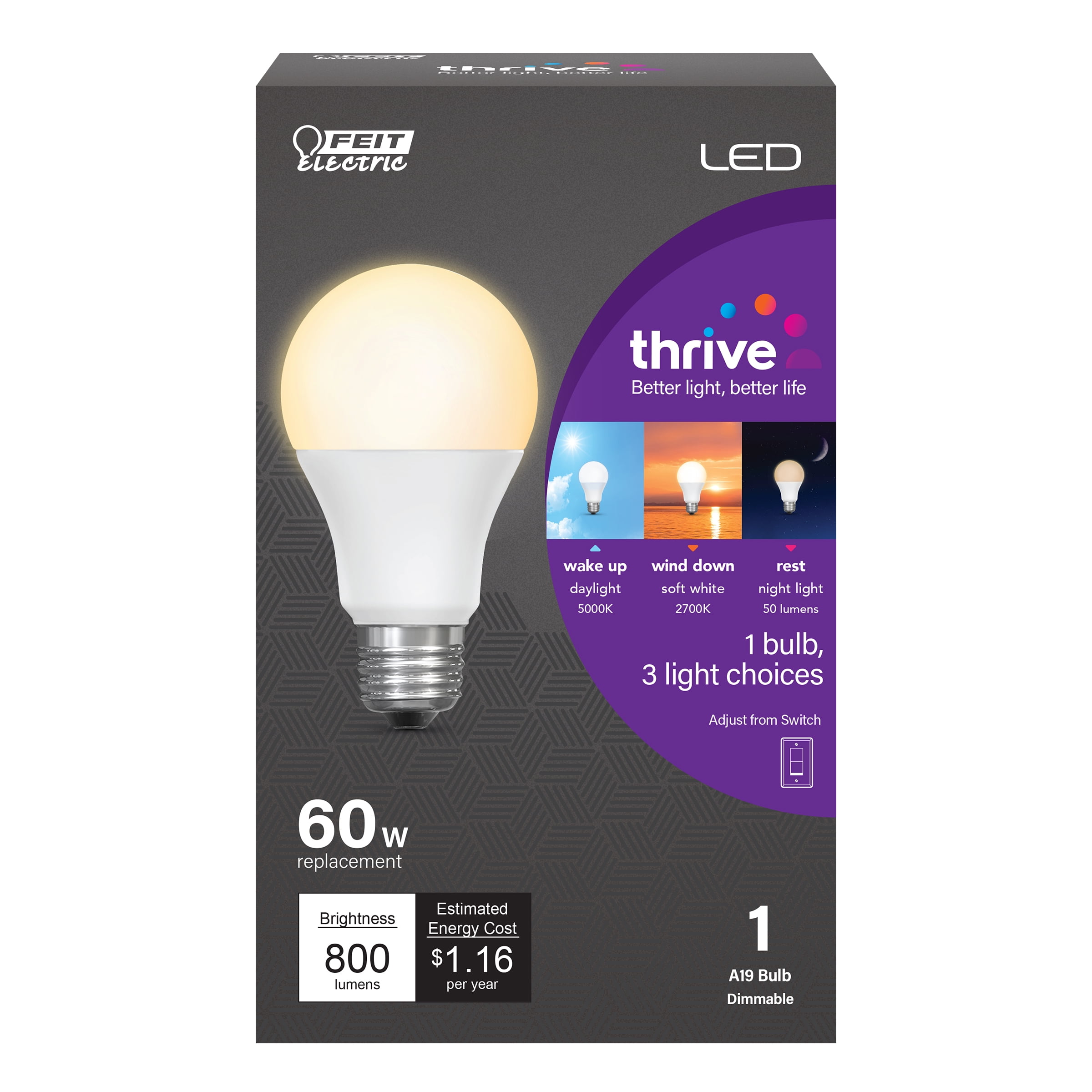 Feit Electric LED 8.8 Watt (60 Watt Eq.) Color Selectable Circadian Light Bulb with Night Light Mode, A19, Med. Base, Dimmable