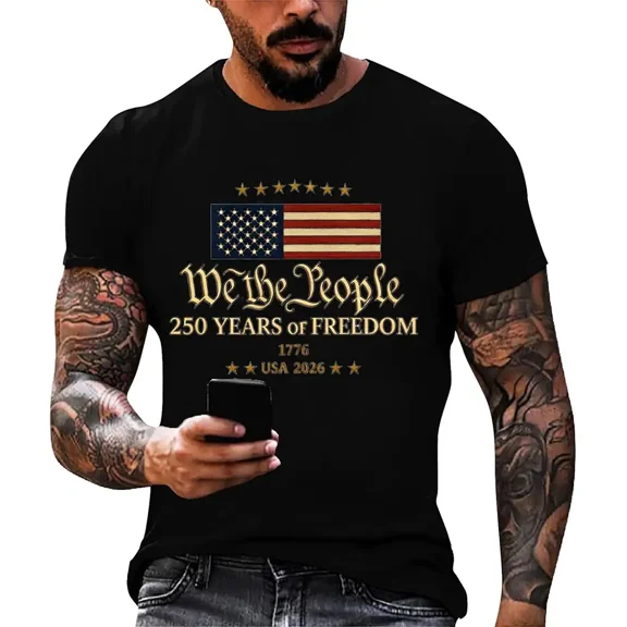 Men's We the People 250 Years of Freedom T-Shirt Retro Patriotic American Flag 1776 USA 2026 Graphic Tee Vintage Style Short Sleeve Cotton Apparel