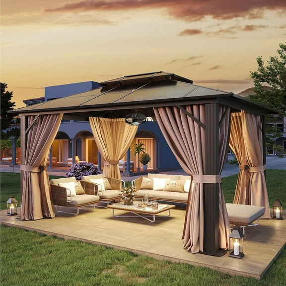 Aoxun 10'x12' Hardtop Gazebo, Aluminum Frame Permanent Pavilion, Outdoor Polycarbonate Gazebo, Double Roof Canopy, and 20” Outdoor Fan Lights