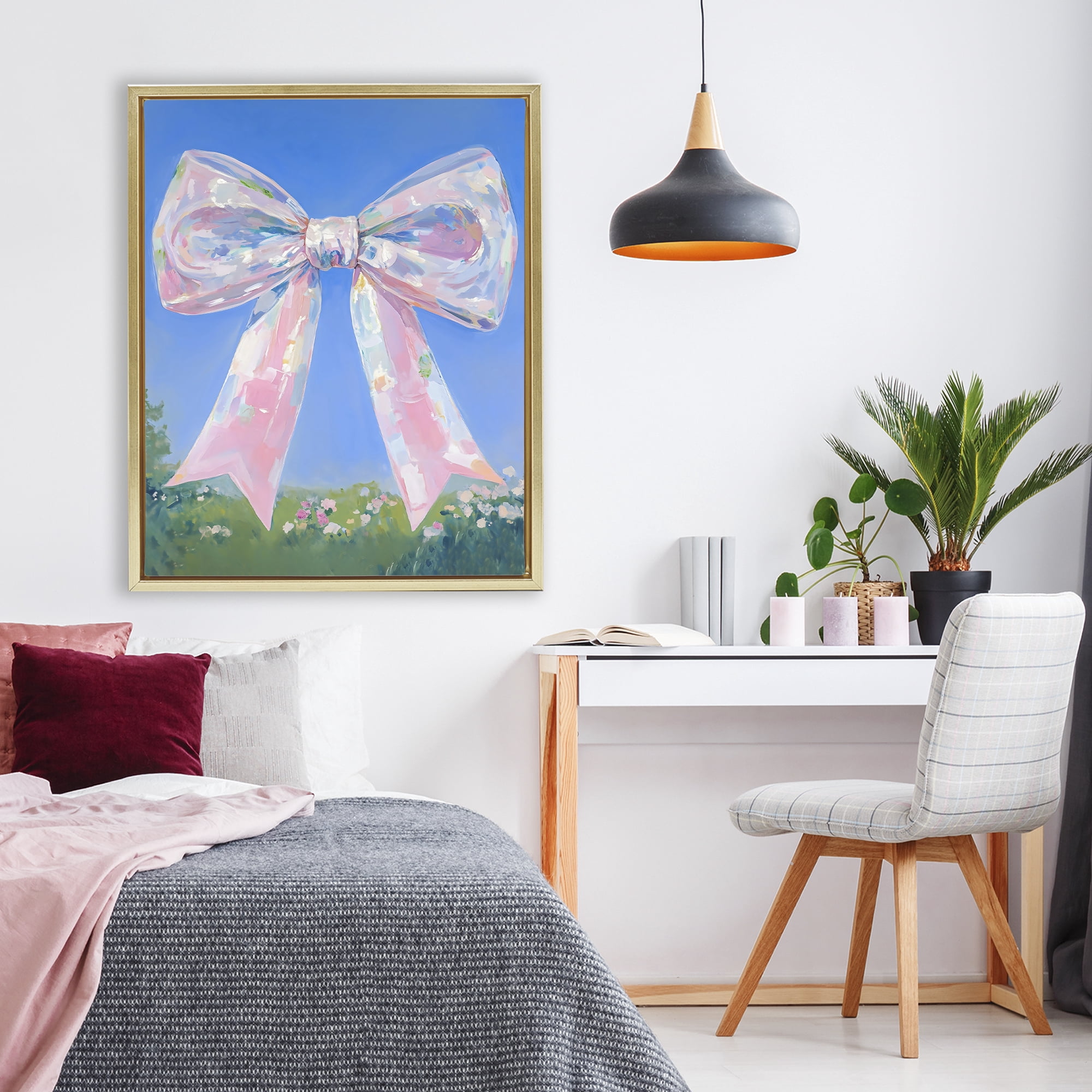 Stupell Industries Iridescent Pink Bow in Meadow Gold Framed Floater Canvas Wall Art, design by The Prints Vibe