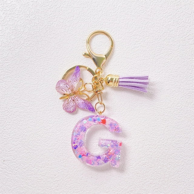 Initial Letter Keychains For Women Tassel Purple Cute Car Keychain For Wallet Backpack Bag