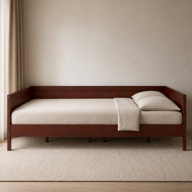 Euroco Wood Full Size Daybed, Sofa Bed with Slats, No Box Spring Needed, Dark Walnut