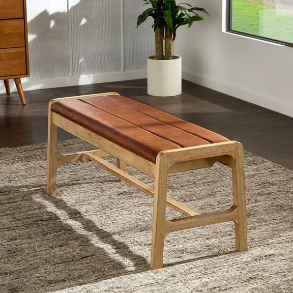 Weston Home Skovde Modern Scandinavian Light Oak Finish Bench, Caramel Faux Leather Cushion