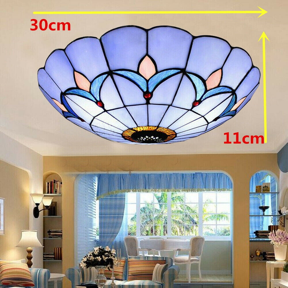 12"Tiffany Style Stained Glass Flush Mount Vintage Ceiling Light Lamp Fixture