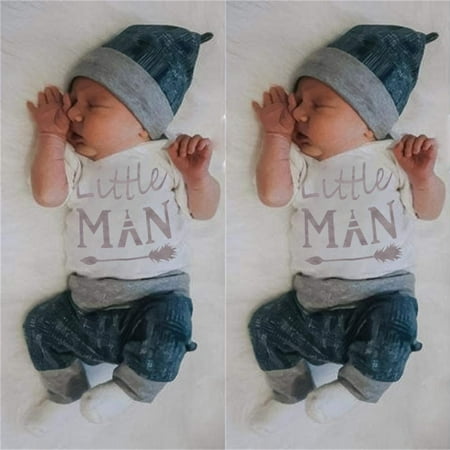 

Yubatuo Newborn Infant Baby Boy Clothes Letter Romper Tops+ Pants Hat 3PCS Outfits SetWhite70