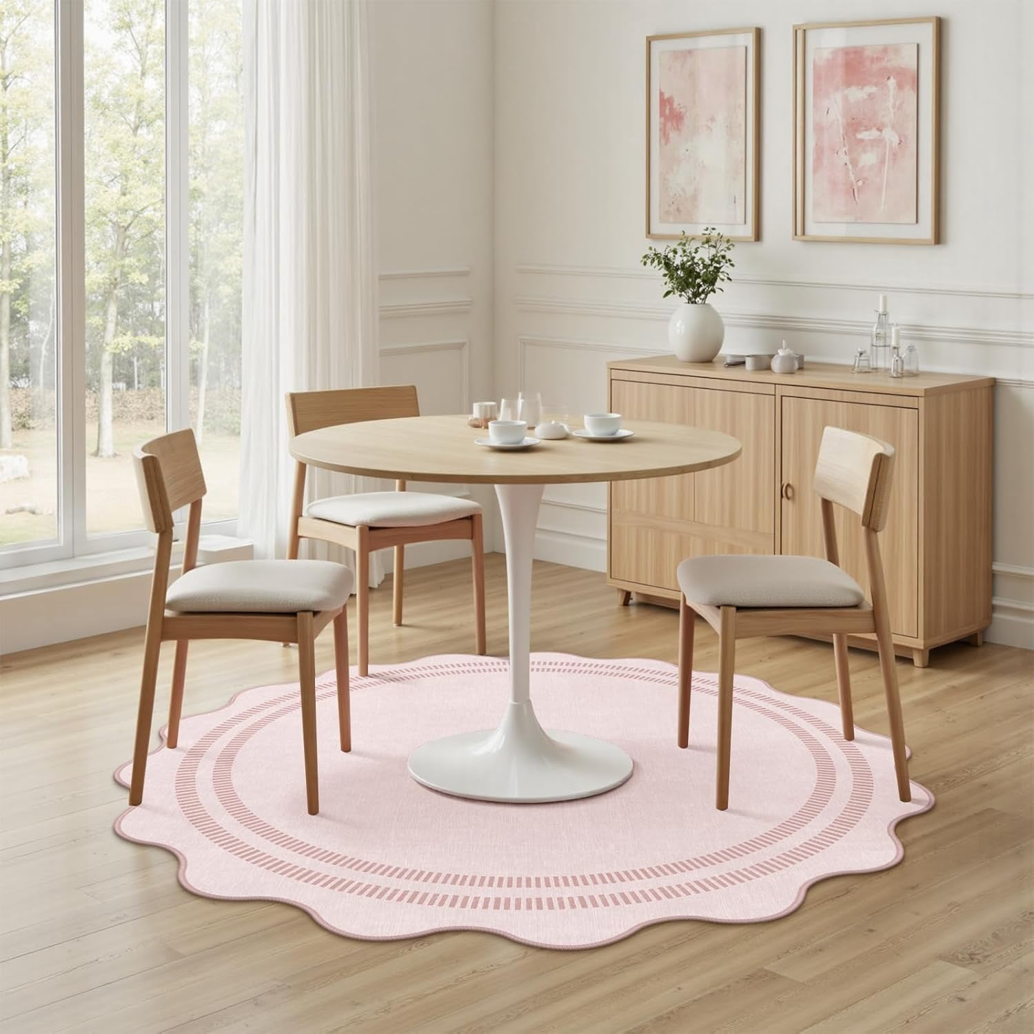 Washable 5ft Area Rugs for Living Room, Solid Pink Non Slip Rugs for Bedroom Girls, Stain Resistant Scalloped Soft Carpet for Nursery Dorm Dining Room
