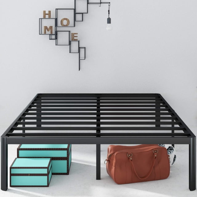 zinus van | base de cama individual de metal | fácil de armar | garantía de 5 años vista frontal de la base metálica negra con listones de acero horizontales y patas rectas; muestra espacio de almacenamiento bajo cama con maleta y cajas; diseñada para colchones de hasta 45 cm y soporte máximo de 159 kg, incluye protector de colchón transpirable, armado en menos de una hora; también suele usarse para guardar equipaje o cajas durante viajes cortos.