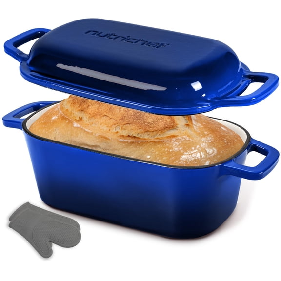 NutriChef 10" Enameled Cast Iron Oval Bread Pan with Lid, Oven Safe to 500°F Dutch Oven for Baking, Roasting & Stewing, Includes Silicone Gloves, Dishwasher Safe (Blue)