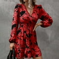 thumbnail image 2 of MORTTIC - Women's Floral Print Lantern Sleeve Dress - A-Line V-Neck Ruched Waist Midi Dress, Loose Fit Casual & Formal Dress with Gathered Detail, 2 of 6