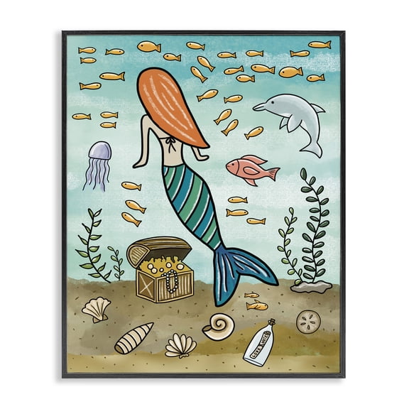Mermaid Treasure Love Note Black Framed Giclee Art, design by Jennifer Stith