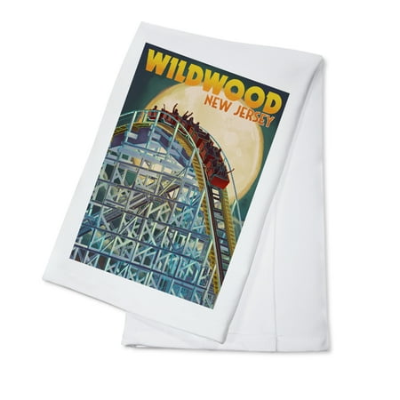 Wildwood, New Jersey, Roller Coaster and Moon (100% Cotton Tea Towel, Decorative Hand Towel, Kitchen and Home)