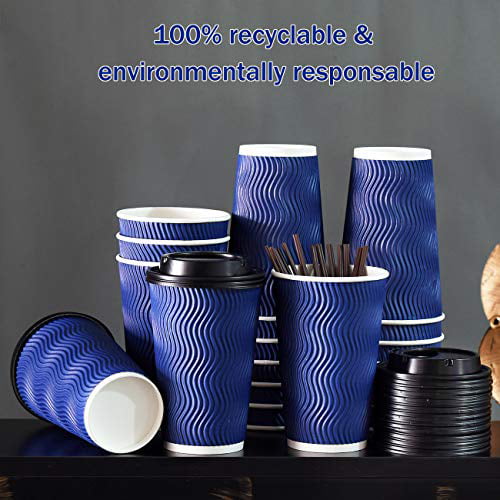 Togo Hot Paper Coffee Cup with Lid To Go for Beverages Espresso Tea Insulated Reusable Cold Drinks Ripple Cups Protect Fingers From 90 Set Disposable Coffee Cups with Lids and Straws Blue 16 oz