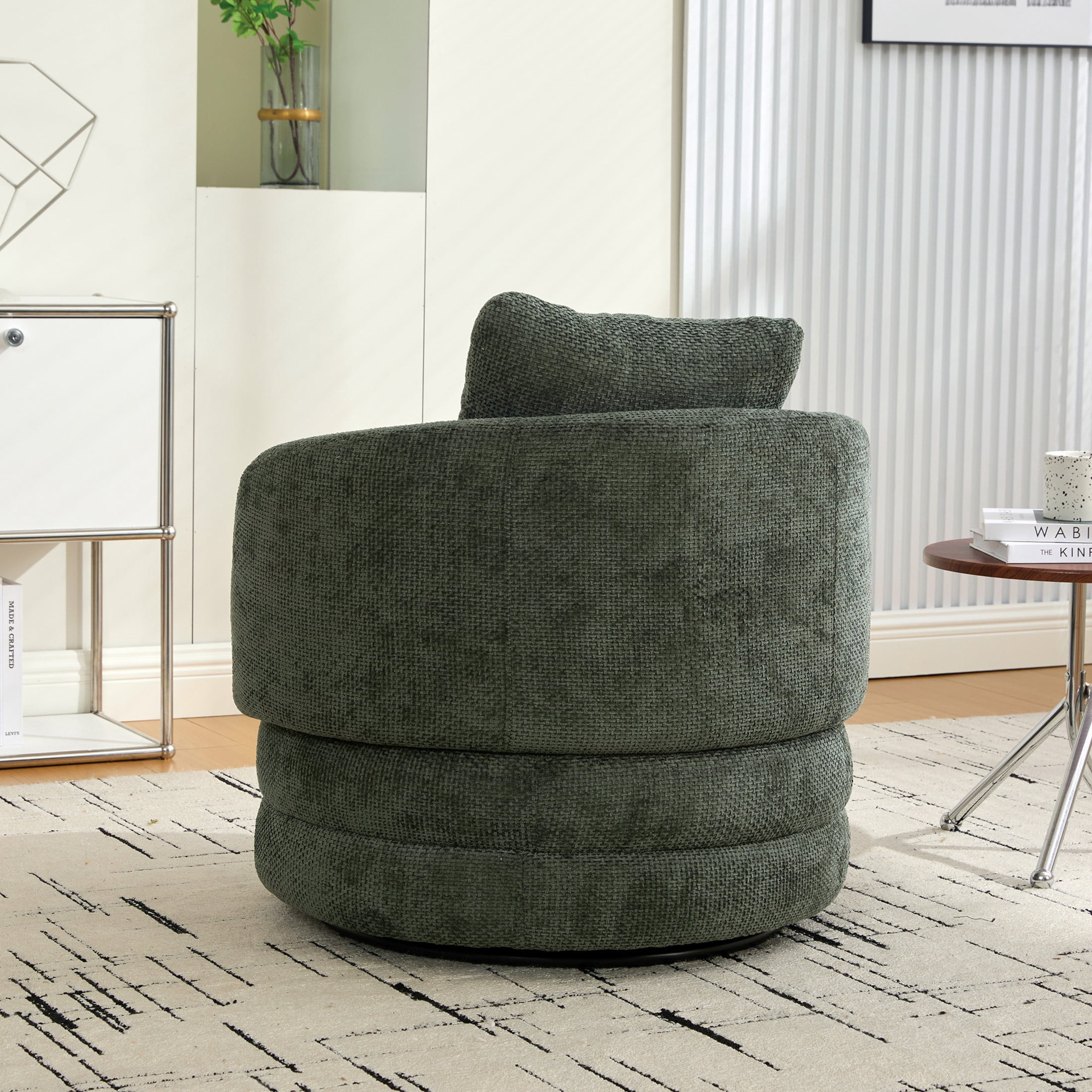 Noble House Norlyn 30" Chenille Swivel Barrel Accent Chair, 360° Comfy Lounge Reading Armchair with Pillow, Green
