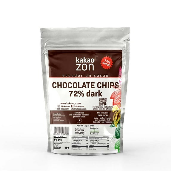 KakaoZon Dark Chocolate Coverture | 72% Dark Chocolate Chips | Gluten-Free | Vegan | Non-GMO | Free of all major allergens | Fairly Traded | 2.2 lbs (1 kg)