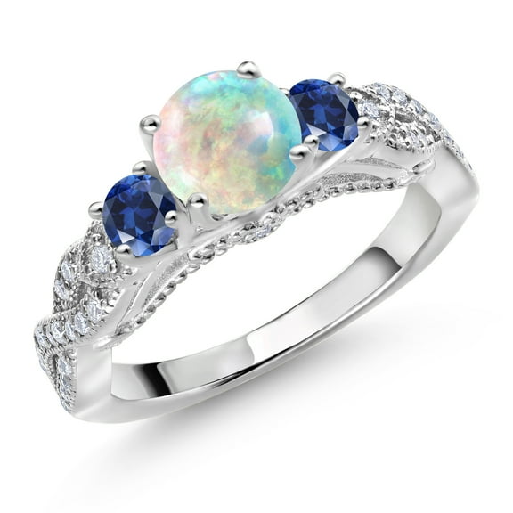 Gem Stone King 925 Sterling Silver White Simulated Opal Blue Created Sapphire and White Moissanite Engagement Ring for Women (0.85 Ct, Gemstone October Birthstone, Round Cabochon 6MM and 3MM, Size 9)