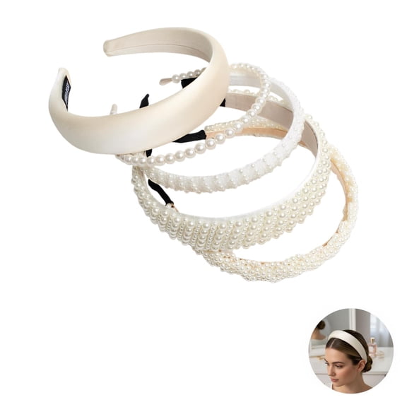 5 Pcs White Pearl Headbands Set for Women, European Style Hair Bands, Elegant Artificial Pearl Embellished Headband Assortment for Parties, Daily Wear