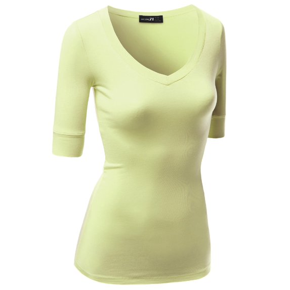 FashionOutfit Women's Basic Solid Arm Sleeve V Neck T-shirt Tops