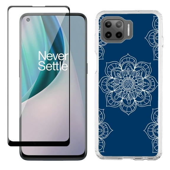 Slim-Fit Protective Phone Case compatible with Motorola Moto One 5G UW, with Tempered Glass Screen Protector, by OneToughShield ® - Mandala / Blue
