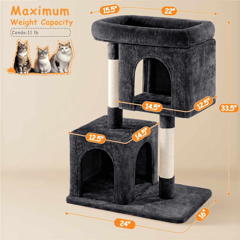 Alden Design 33.5"H Multilevel Plush Cat Tree with Scratching Posts Basket, Black