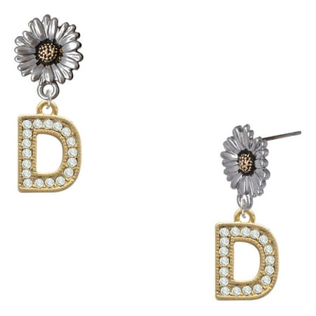 Delight Jewelry Gold-tone Crystal Initial – D – Two-tone Daisy Flower Post Earrings