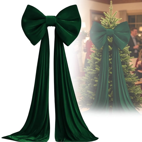 Extra Large Christmas Bow, Christmas Tree Topper Decorations, Blackish Green 160X40Cm Velvet Bow for Front Door Stairway Living Room, Festive Holiday Decoration with Flowing Ribbon Tails