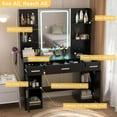 thumbnail image 4 of Homieasy Vanity Desk, Makeup Vanity Desk with Mirror and Lights 3 Colors, Transparent Top with 3 Drawers, 6 Shelves, 2 Large Tempered Cabinets, Power Outlet, for Bedroom, Black, 4 of 7