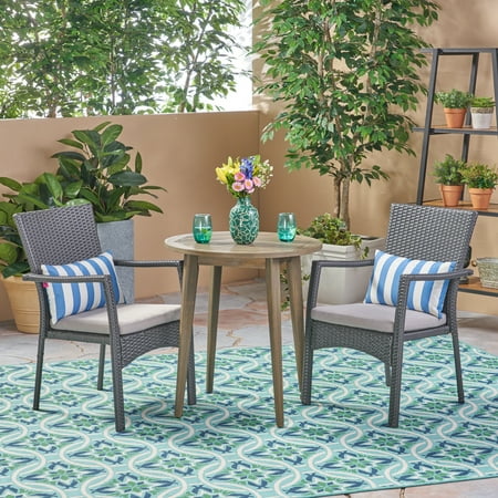 Ethan Outdoor 3 Piece Acacia Wood and Wicker Bistro Set with Cushions Gray Gray Gray