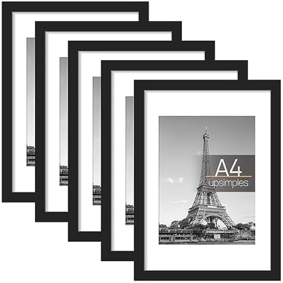 upsimples 11x14 Picture Frame Set of 5  Display Pictures 8x10 with Mat or 11x14 Without Mat  Wall Gallery Photo Frames  Black
