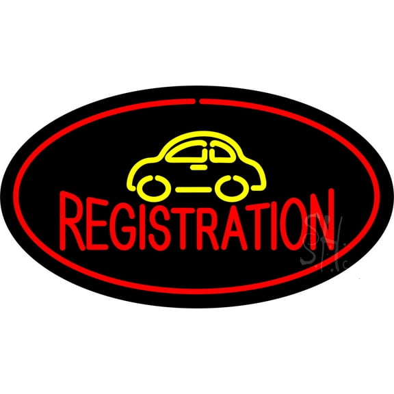 Auto Registration Oval Red LED Neon Sign 20 x 37 - inches, Clear Edge Cut Acrylic Backing, with Dimmer - Bright and Premium built indoor LED Neon Sign for automotive store, and mall.