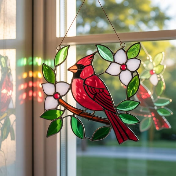 Red Cardinal Acrylic Suncatcher, Bird Faux Stained Glass Window Hanging, Cardinal Bird ornament, Memorial Gift, Nature Window Decor