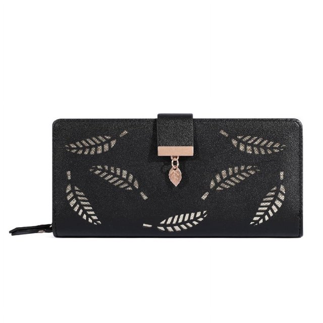 Cartera de mujer, cartera con hojas huecas, cartera estilo coreano con cremallera doble, tarjetero largo, cartera de mano