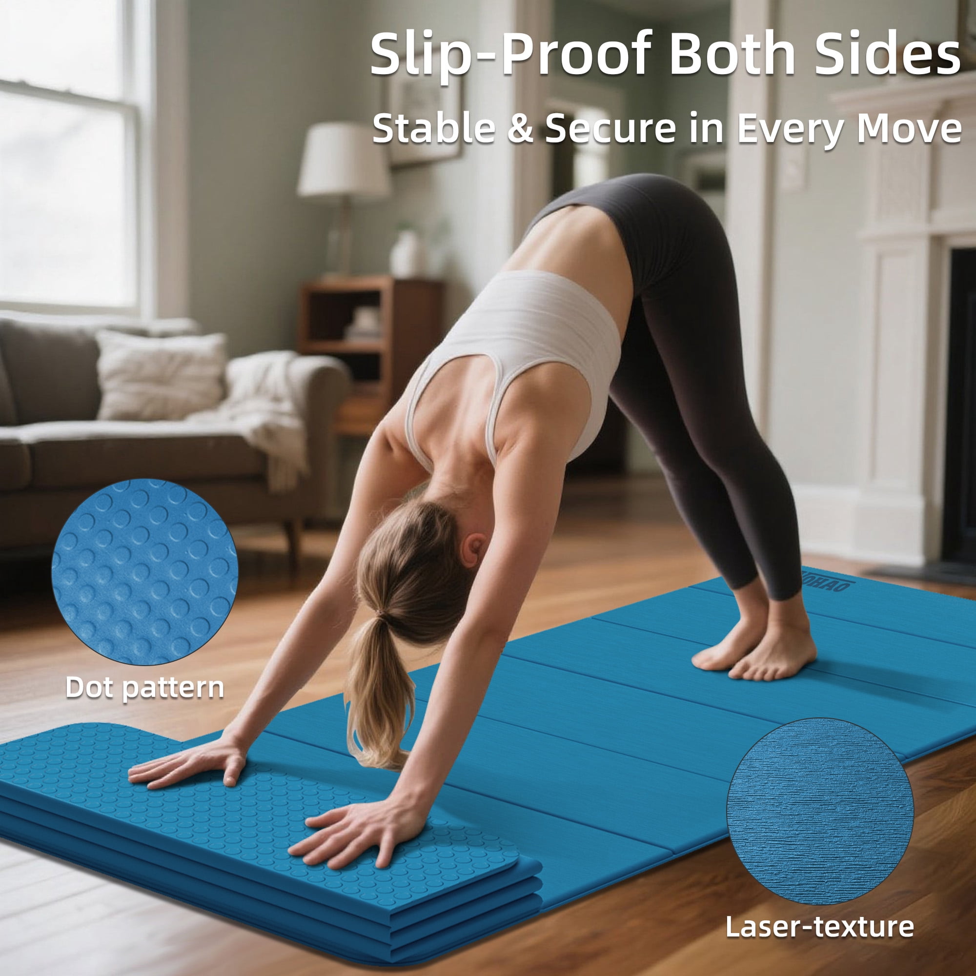 YOHAO Yoga Mat,Large Size:75"×32",Foldable Workout Mat for Yoga,Pilates and Travel,Anti-rolling,Non-slip,Easy Unfold and Storage(Blue)