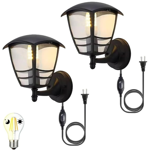 FSLiving Dusk to Dawn Light AUTO Wall Light Photocell with UL Plug-in Cord LED Bulb 8W Upward Outdoor Wall Lantern,2700K Warm White Dimmable Aluminum Barn Light for Porch Front Door, Garage