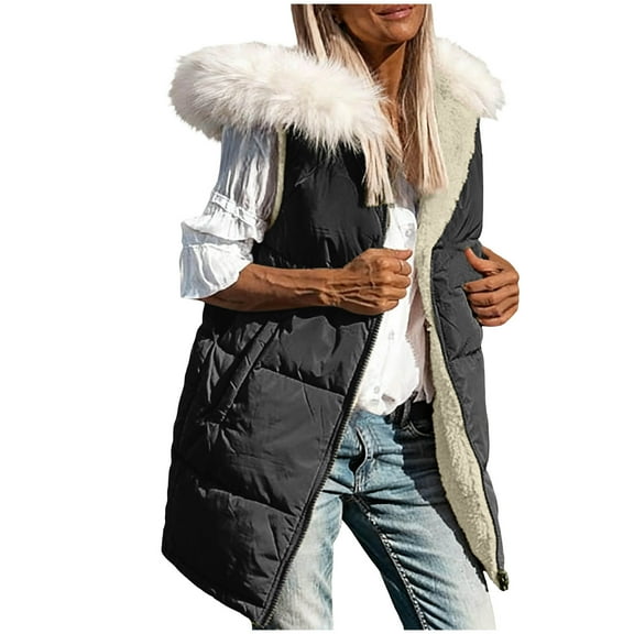 Uaswgudfs Women's Long Puffer Vest with Faux Fur Collar, Sleeveless Winter Jacket with Pockets - Casual Outerwear Black L