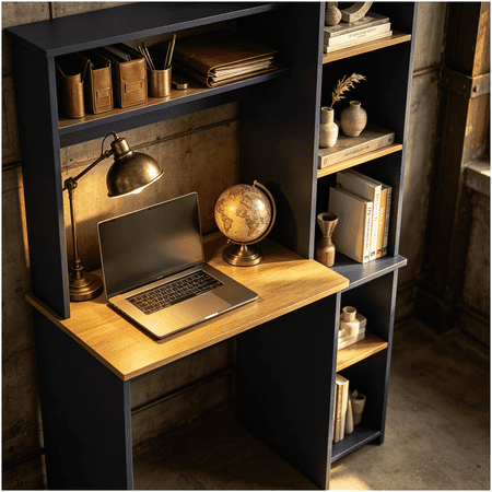 Modern Office Desk with Hutch and Side Bookshelf for Efficient Workspace Organization