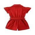 thumbnail image 2 of Summer Infant Girls Jumpsuits Solid Ruffles Short Sleeve Single Breasted Rompers With Belt Red 1-2 Years, 2 of 7