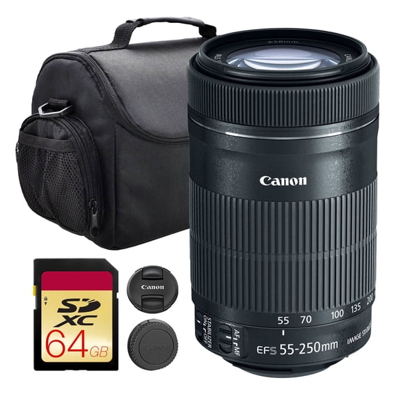 Canon EF-S 55-250mm f/4-5.6 IS STM Lens (8546B002) Shoulder Bag 64GB Card