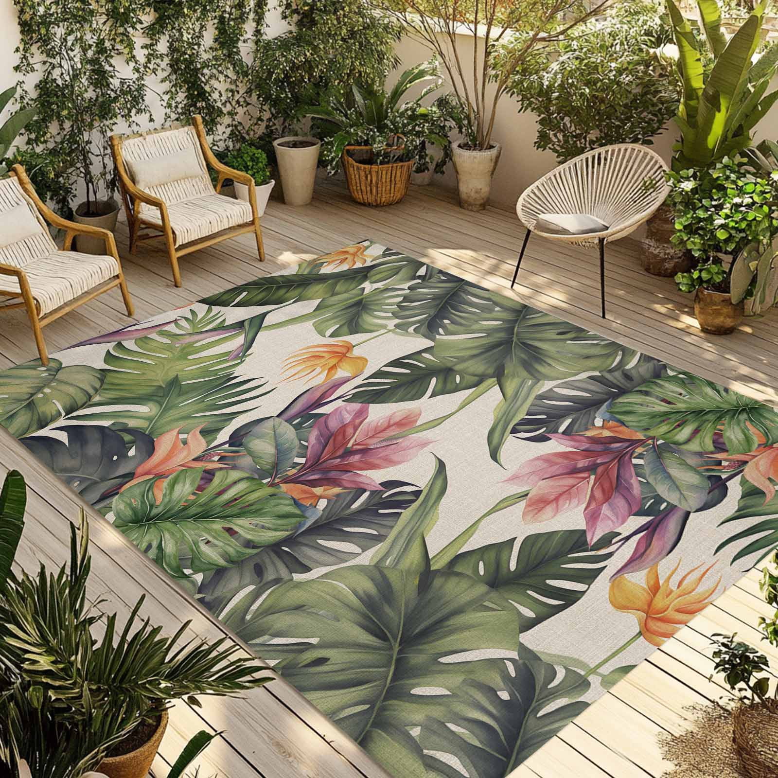 Outdoor Rug 5x8ft Palm Tree Leaves Branch Large Area Rug Plant Nature Indoor Outdoor Carpet Outdoor Rugs Mats for Patio Camping,RV,Front Door, Outside Decor