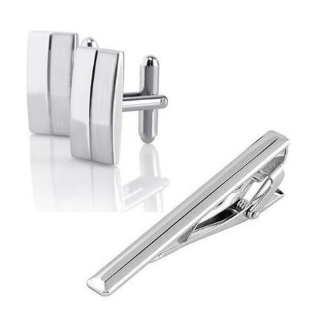 Zodaca Men Metal Silver Tone Simple Necktie Clip Clasp Cuff Link Cufflinks